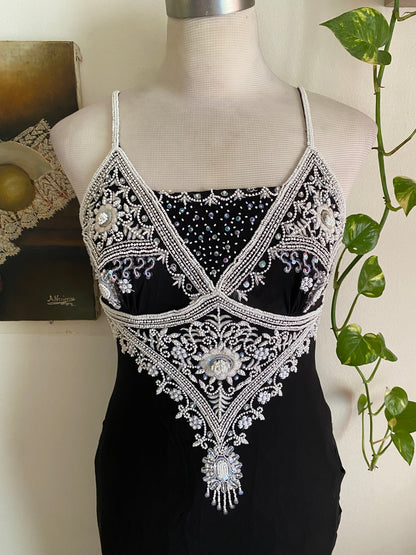 100% silk black maxi gown with  handbeaded details