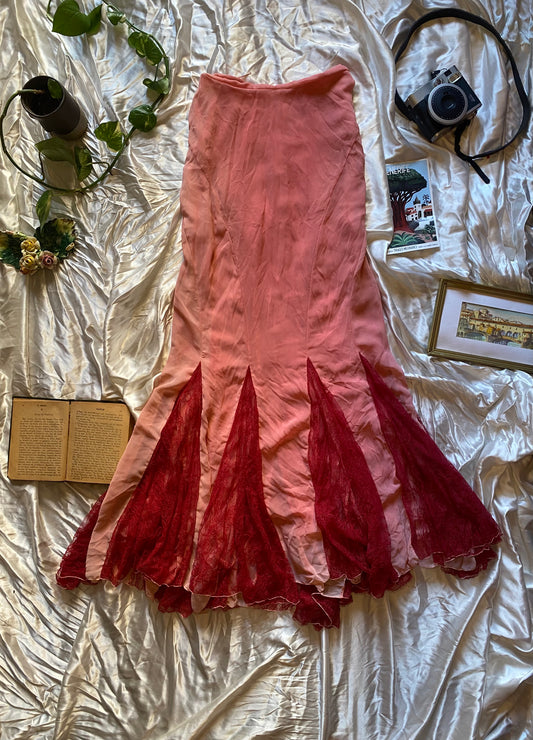 100% silk brand new pink and red maxi skirt
