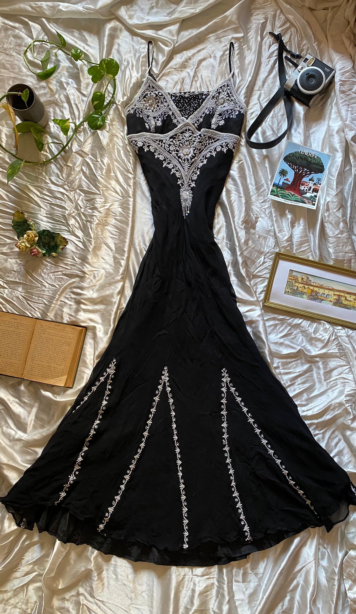 100% silk black maxi gown with  handbeaded details