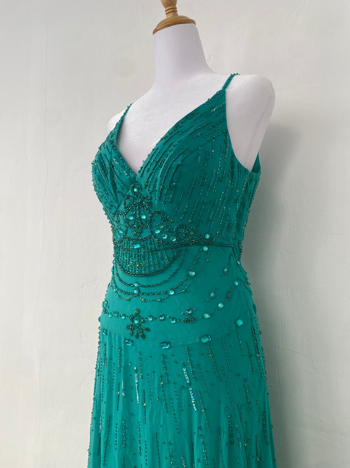 100% silk brand new turquoise gown with handbeaded details all over