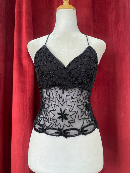 Black handbeaded open back top