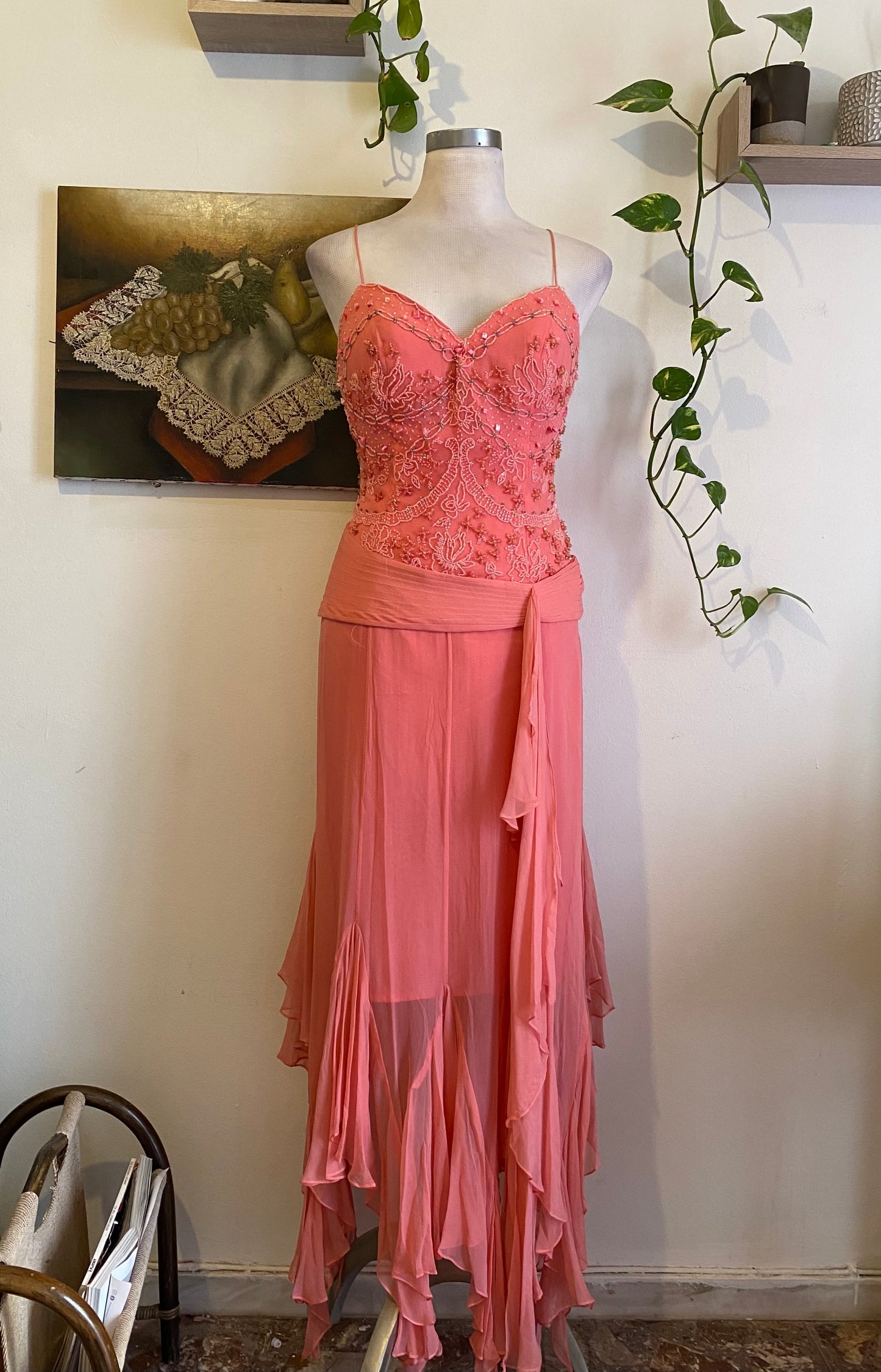 100% silk brand new handbeaded pink gown