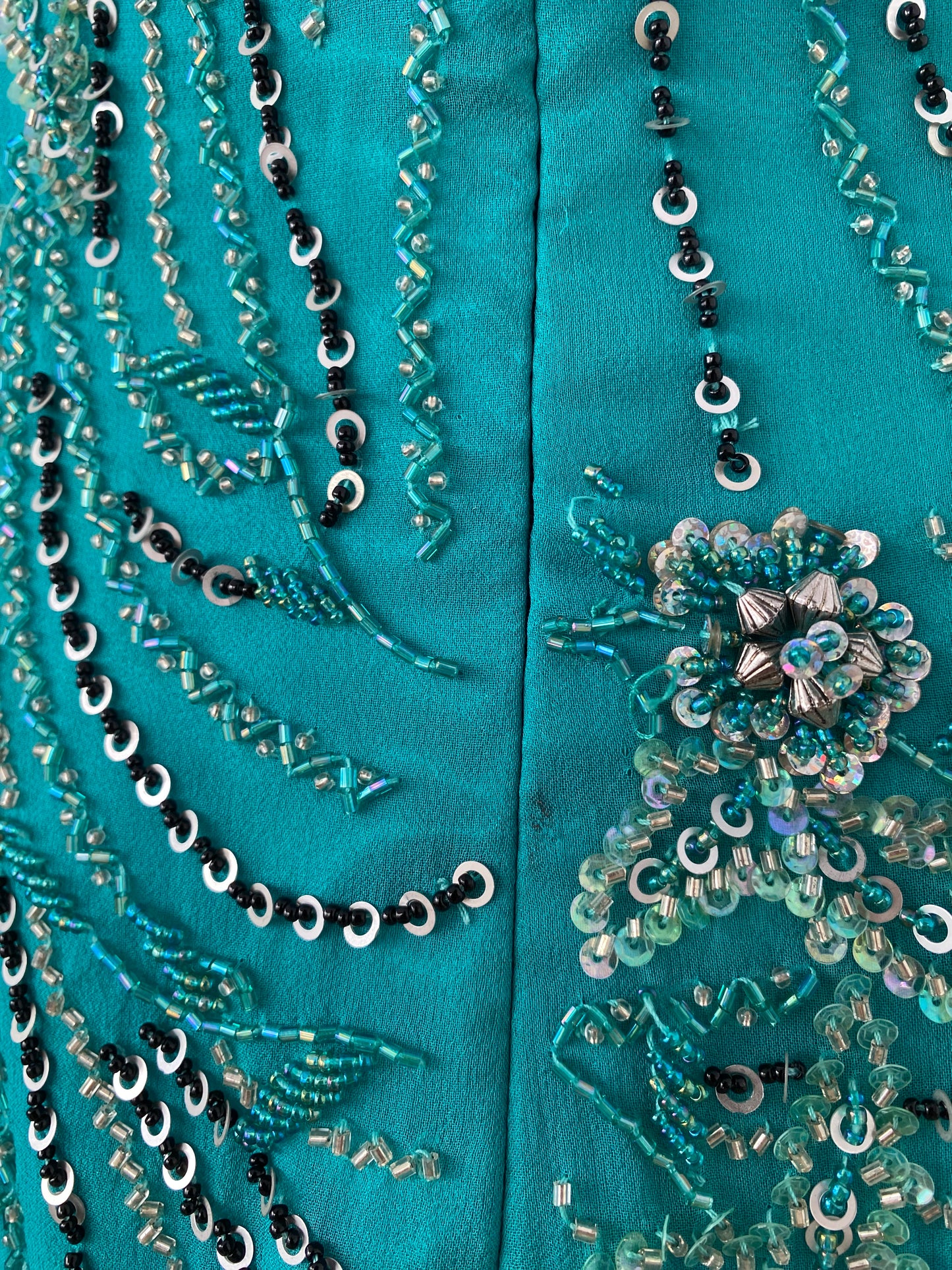 100% silk brand new maxi strapless gown with all over handbeaded details