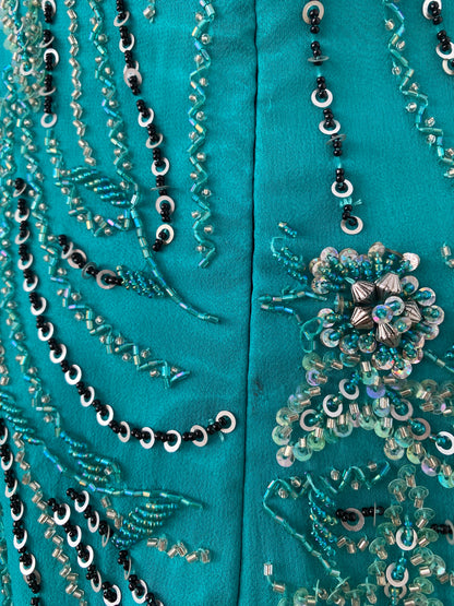 100% silk brand new maxi strapless gown with all over handbeaded details