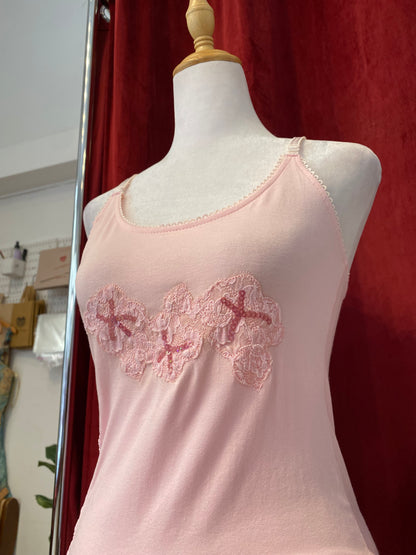 Pink summer top with sequin and lace details