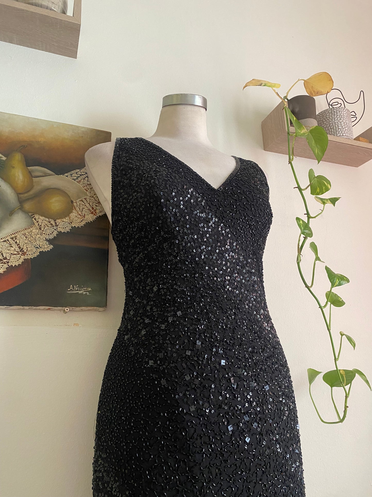 100% silk all over handbeaded black gown
