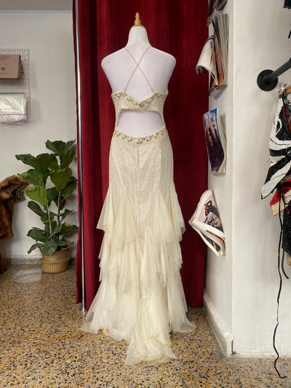 100% silk floor length gown with all over handbeaded details