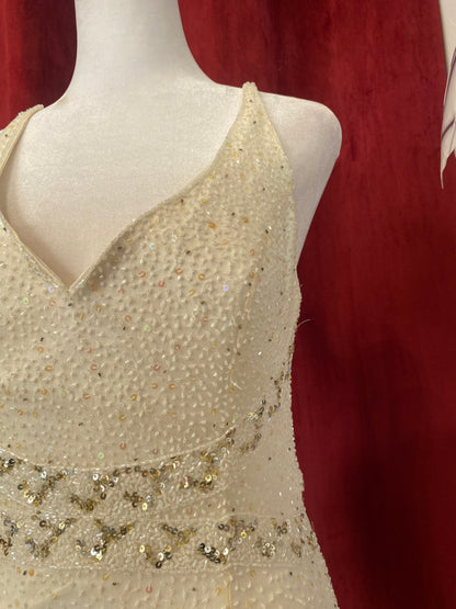 100% silk floor length gown with all over handbeaded details