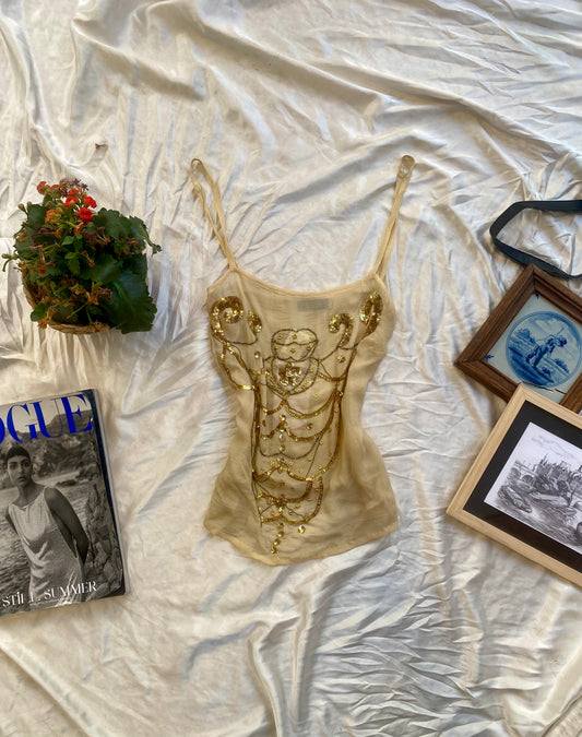 100% silk brand new sequin beige top