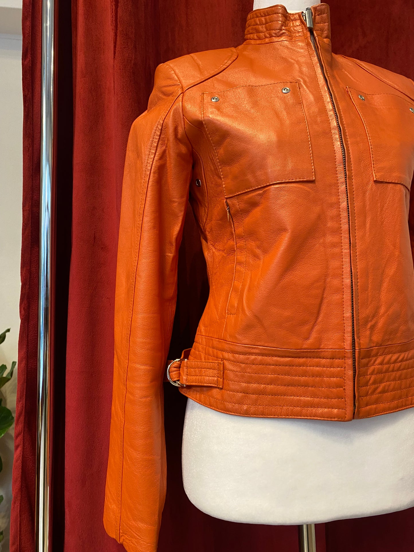 Real leather fitted orange biker jacket