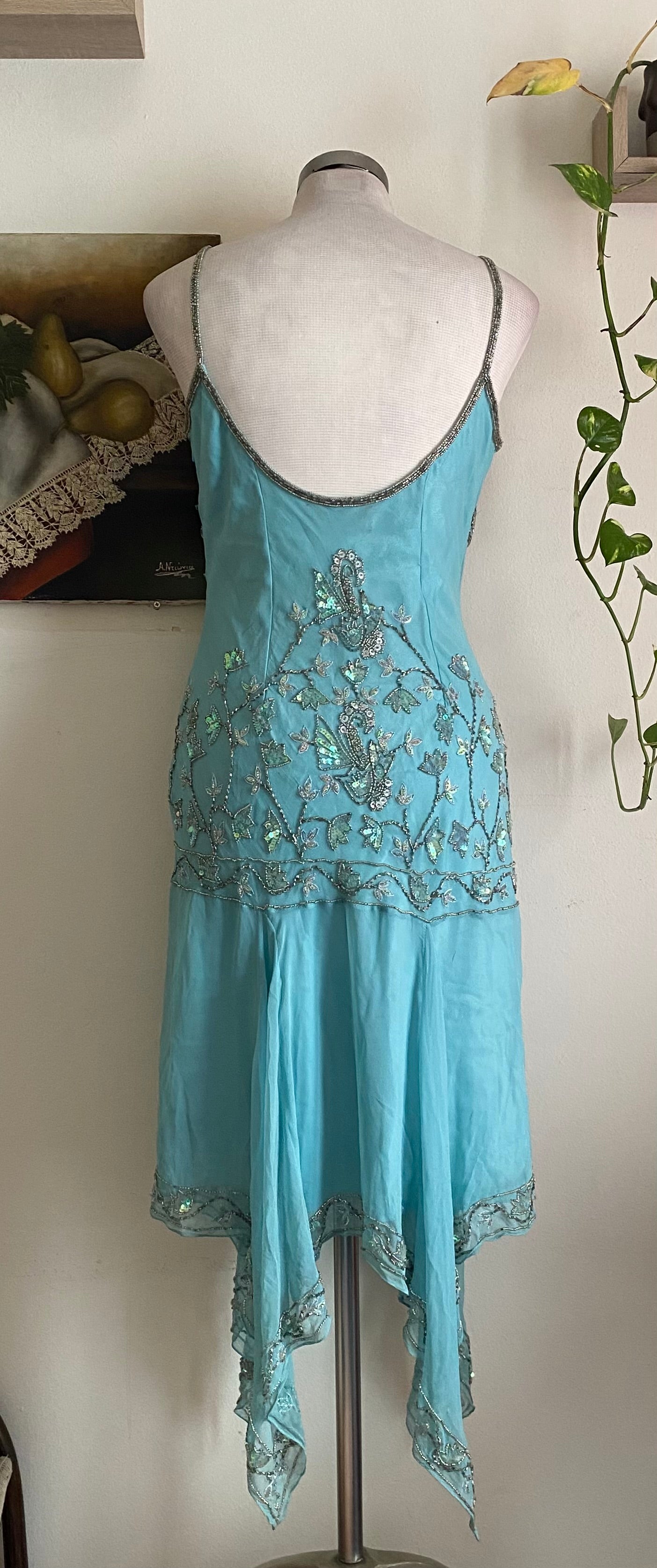 100% silk fairy baby blue gown with handbeaded details all over