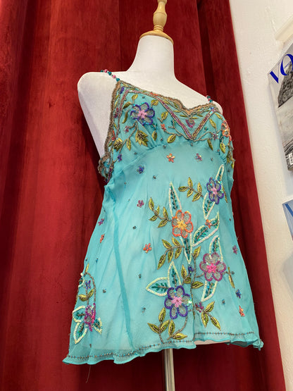 100% silk brand new handbeaded baby blue top 🦋