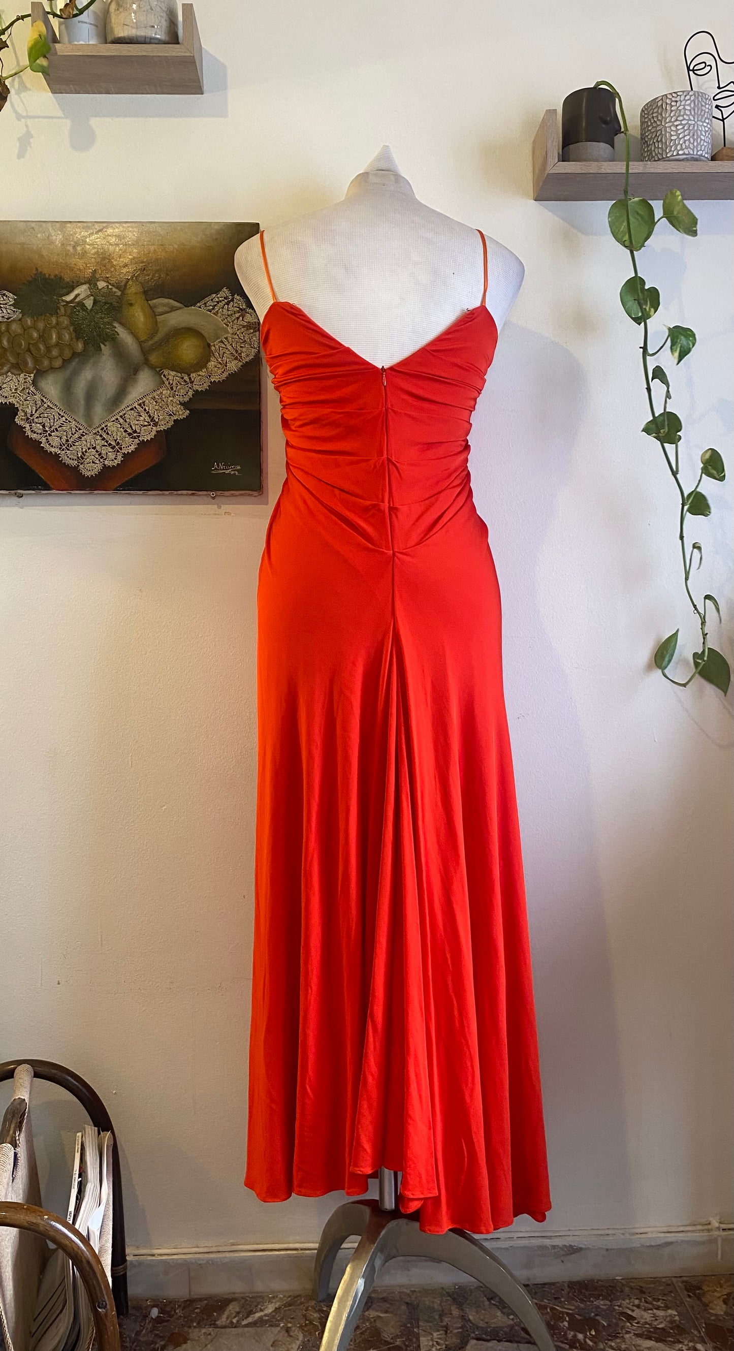 Brand new high slit haute couture orange rushed up dress