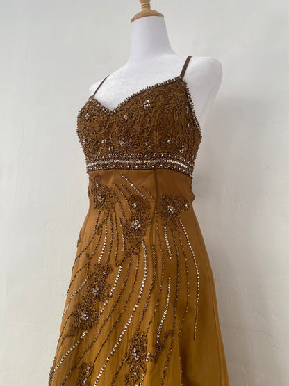 100% silk brand new brown handbeaded maxi dress