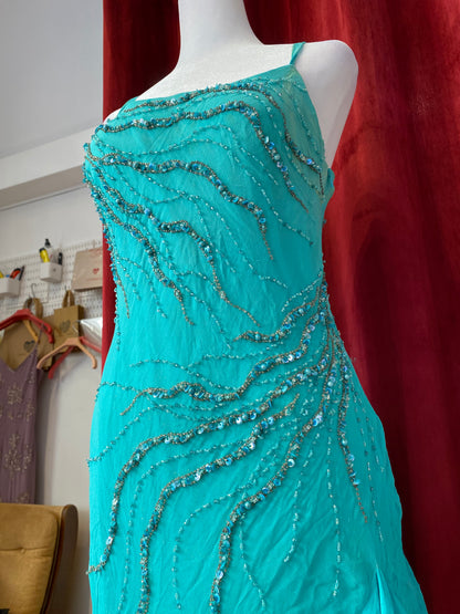 100% silk handbeaded gown with ruffles details