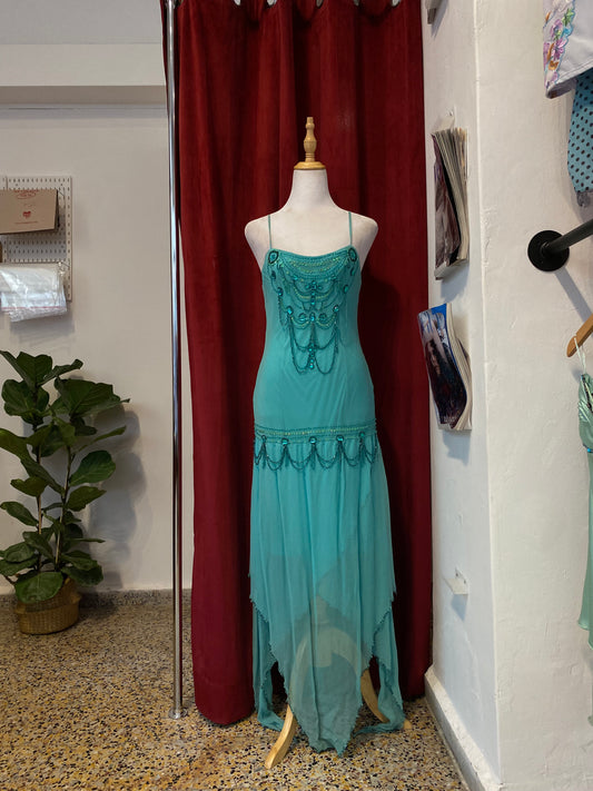 100% silk Turquoise floor length sequin gown 🧚