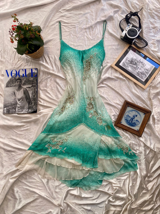 100% silk turquoise all over sequin ruffled dress🧚