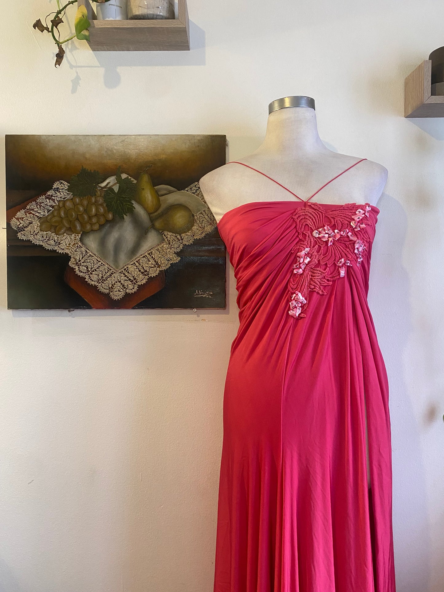 Brand new haute couture high slit pink rushed up dres