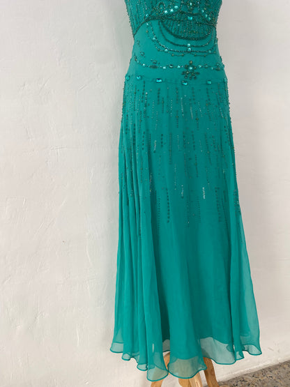 100% silk brand new turquoise gown with handbeaded details all over