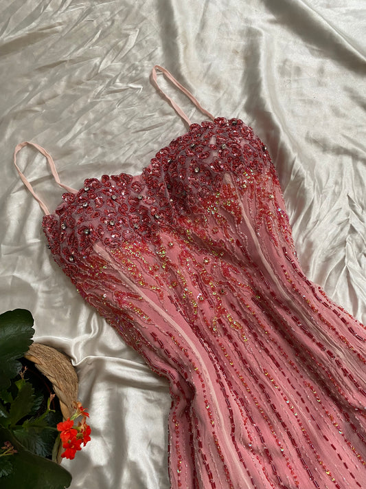 100% silk all over handbeaded ombré pink gown