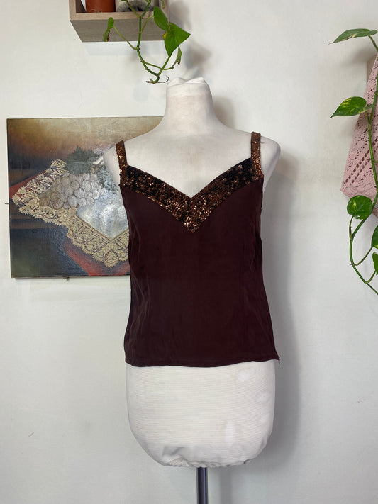 Silk brown top with sequin details