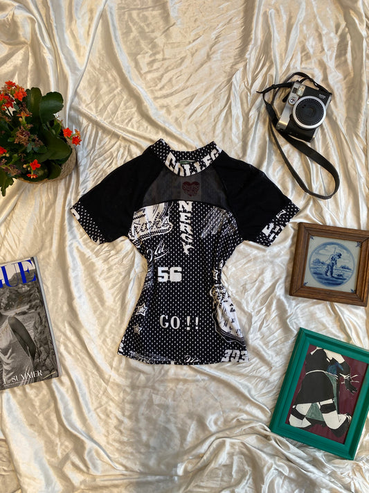 Brand new black graphic shirt with see through details