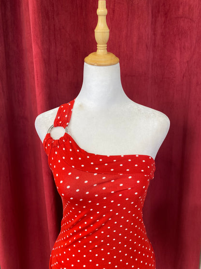 One shoulder red polka dot top