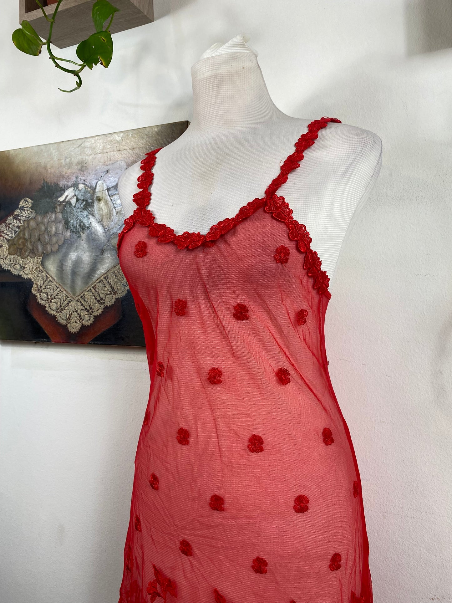 Red embroidered see through baby doll