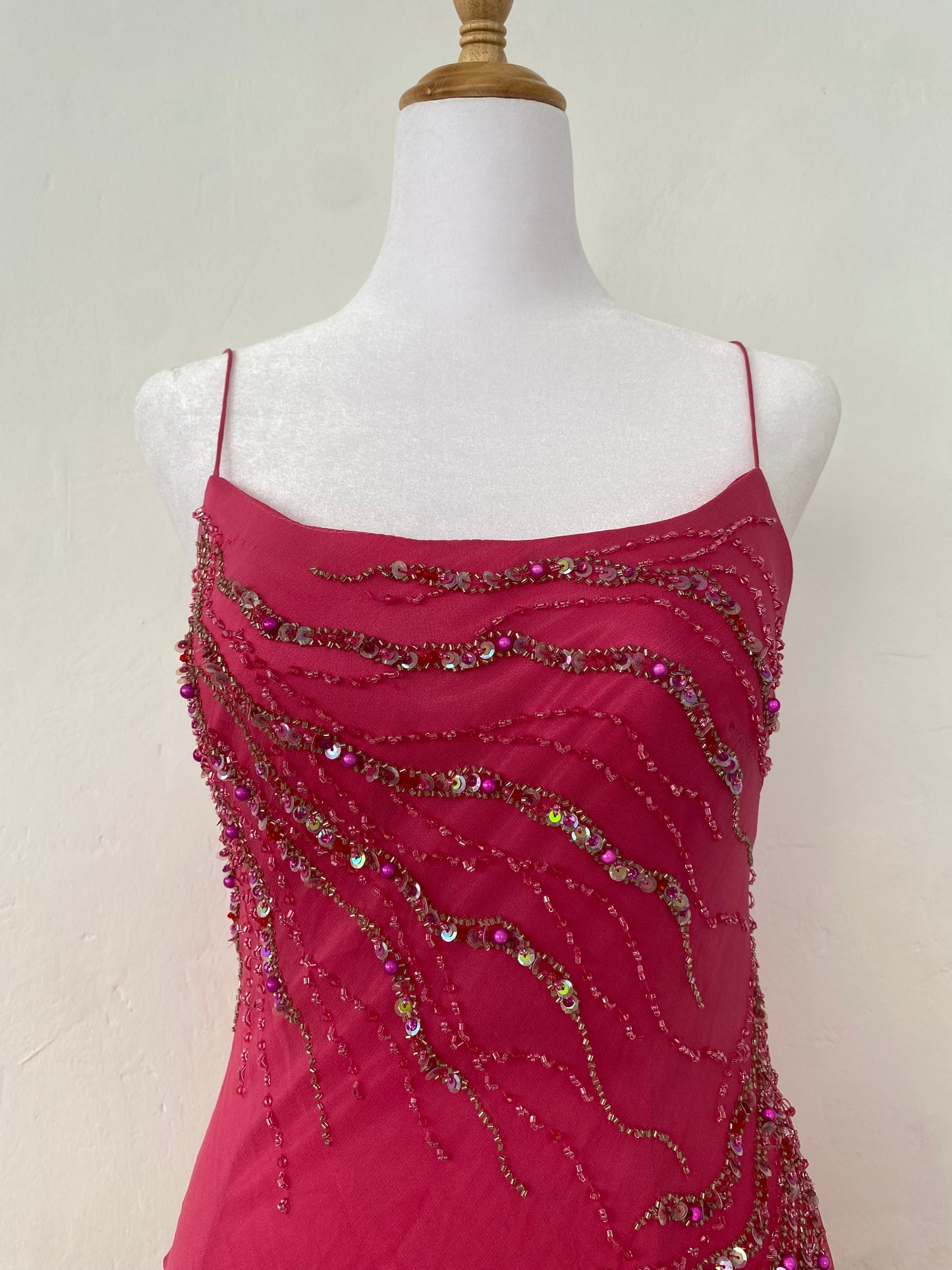 100% silk brand new pink handbeaded ruffled gown