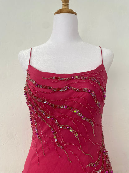 100% silk brand new pink handbeaded ruffled gown