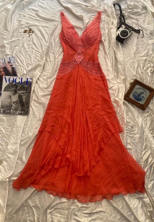100% silk brand new pink maxi gown with handbeaded details