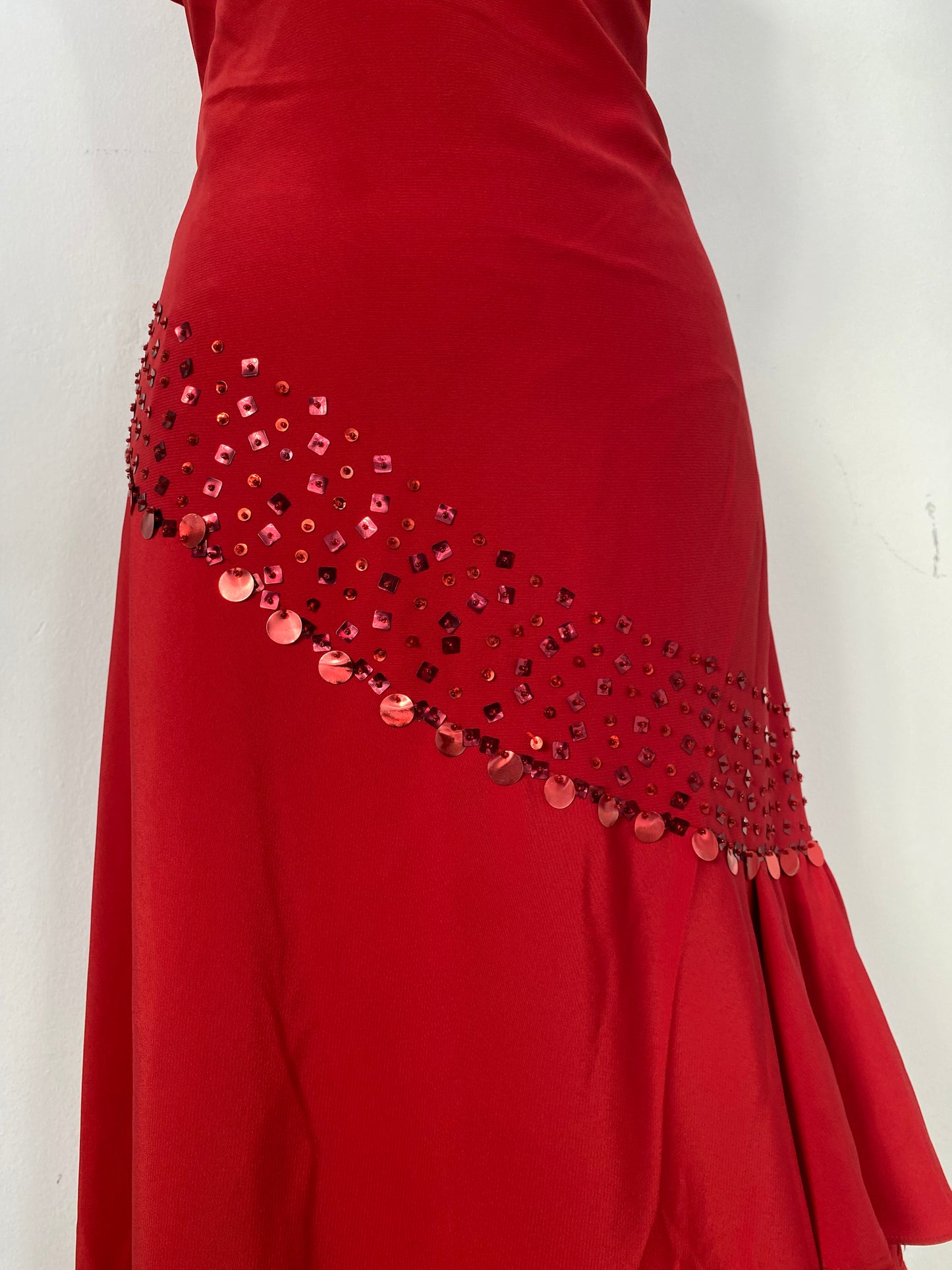 Brand-new deep red one shoulder maxi gown with sequin details
