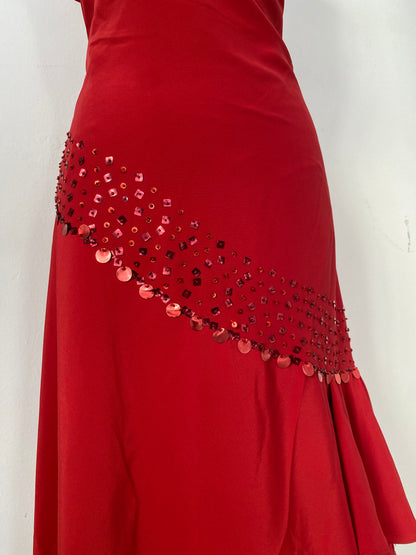 Brand-new deep red one shoulder maxi gown with sequin details