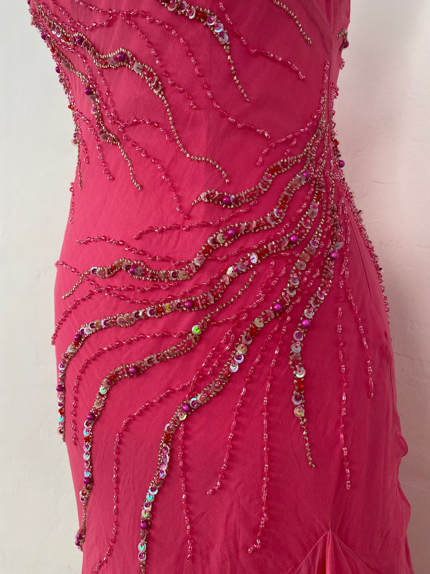 100% silk brand new pink handbeaded ruffled gown
