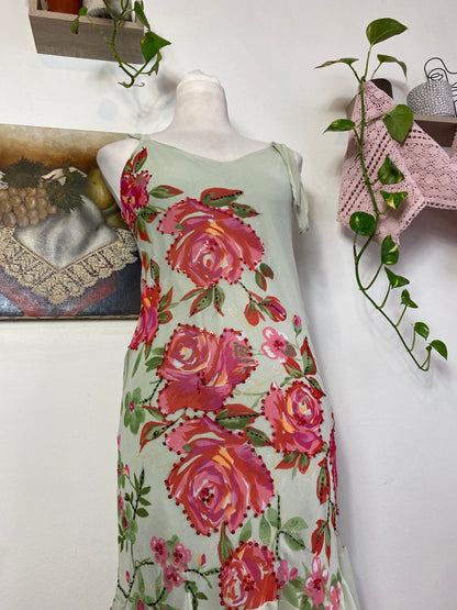 Handbeaded ruffled floral dress