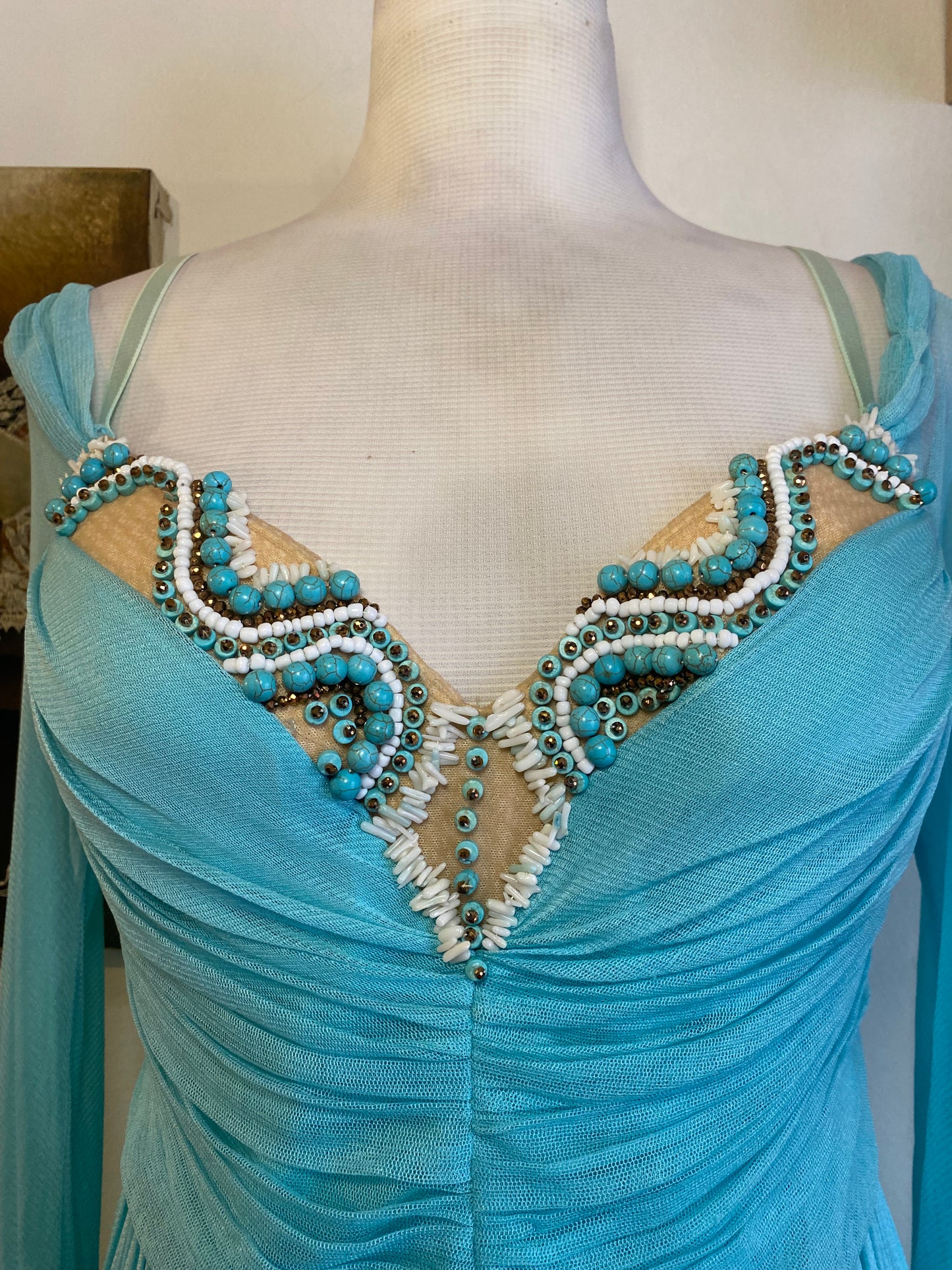 Brand new haute couture silk net baby blue mini dress