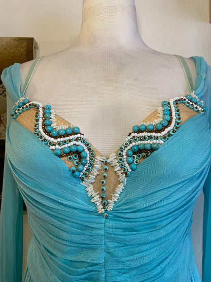 Brand new haute couture silk net baby blue mini dress