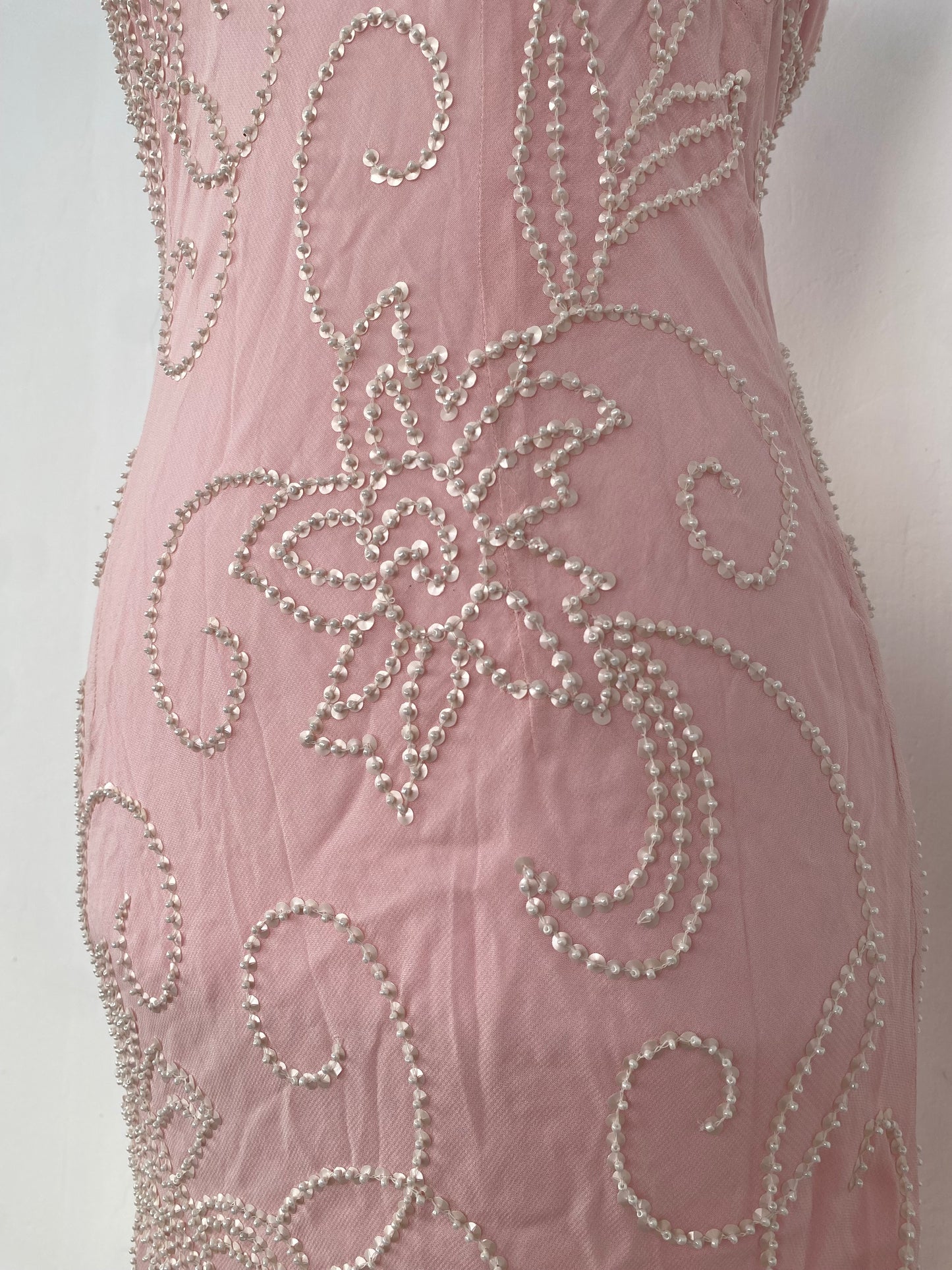 100% silk brand new baby pink maxi dress with handbeaded details