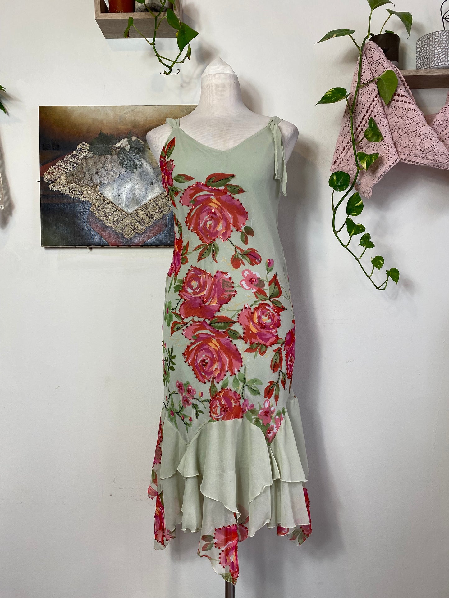 Handbeaded ruffled floral dress