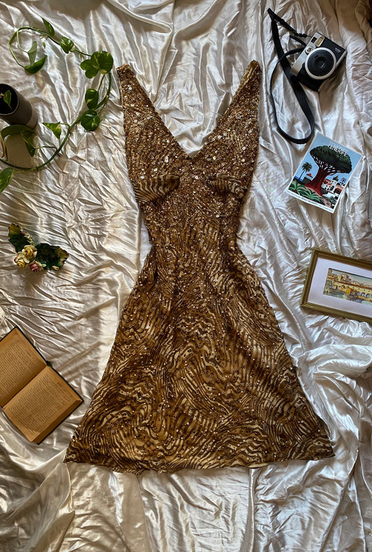 100% silk mini all over handbeaded gown