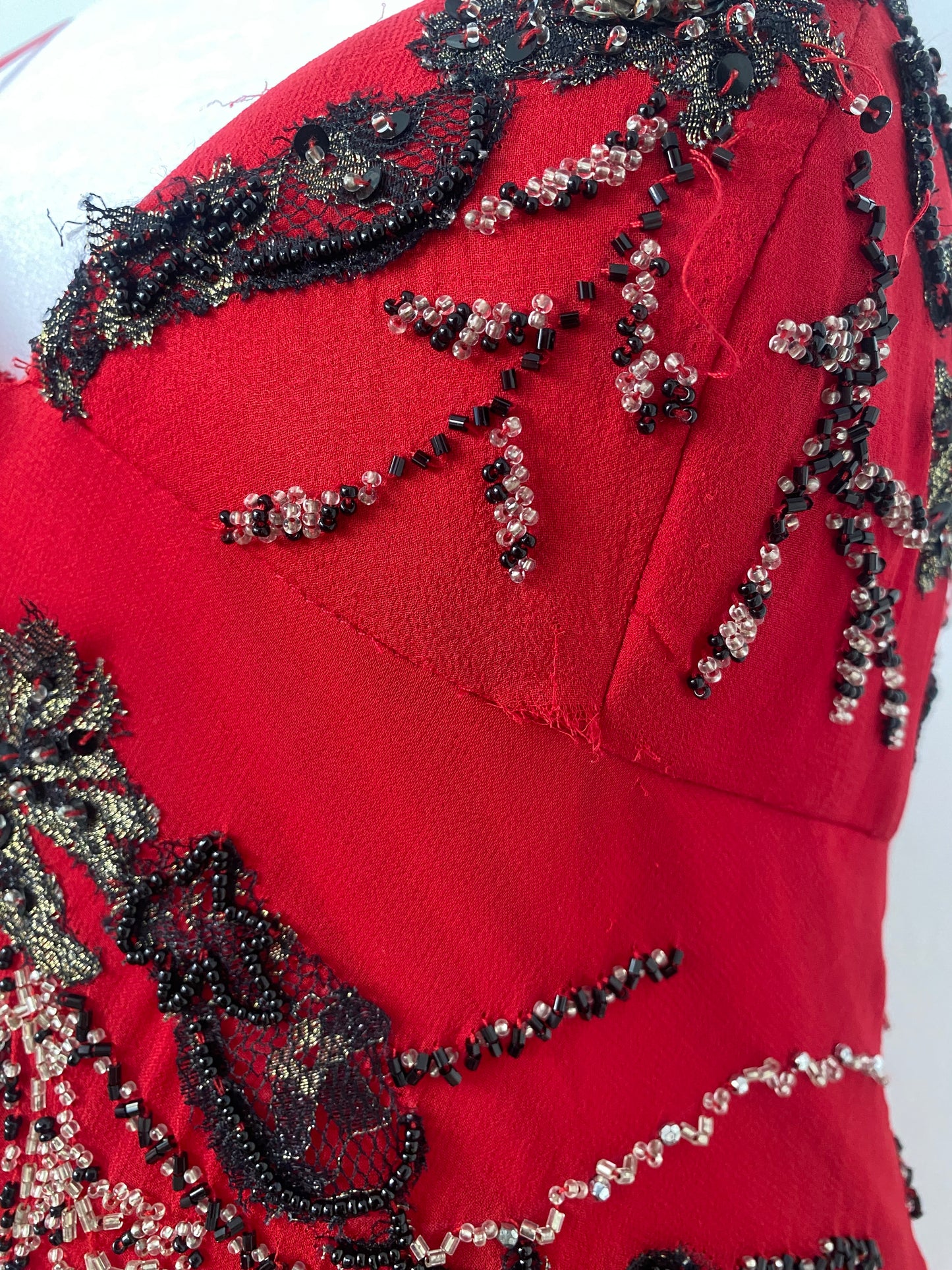 100% silk brand new deep red gown with all over handbeaded details