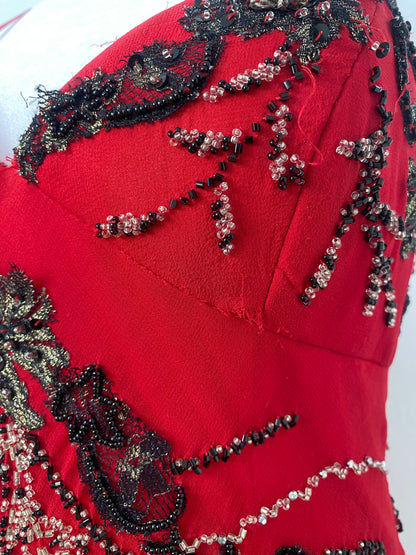 100% silk brand new deep red gown with all over handbeaded details
