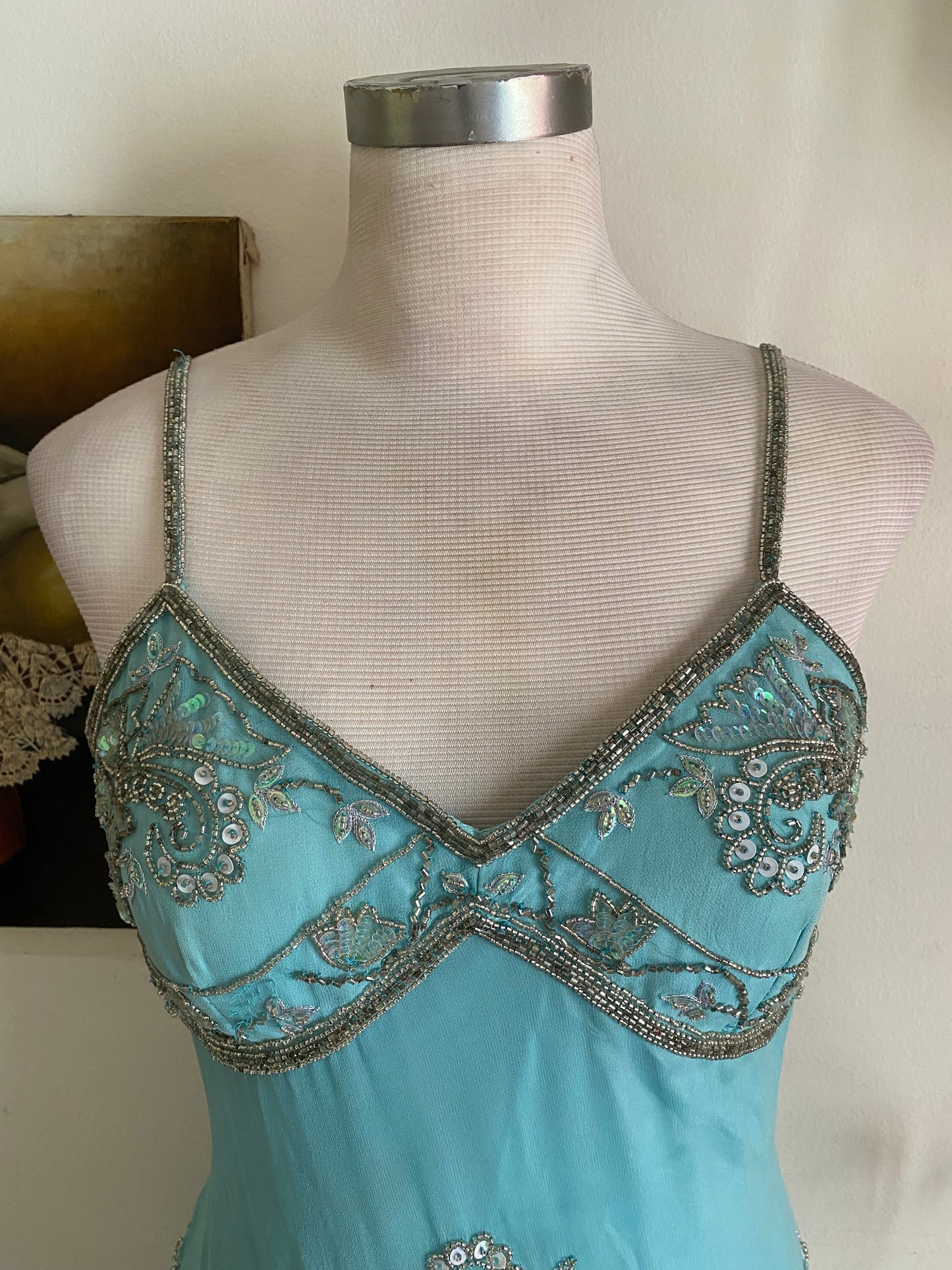 100% silk fairy baby blue gown with handbeaded details all over