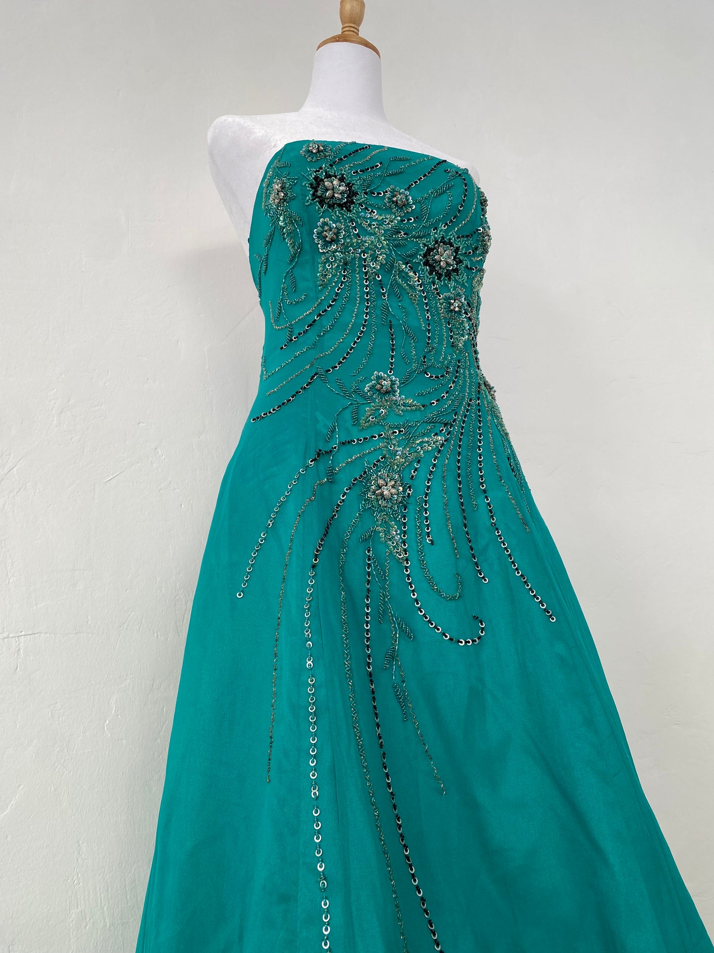 100% silk brand new maxi strapless gown with all over handbeaded details