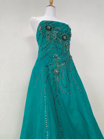 100% silk brand new maxi strapless gown with all over handbeaded details