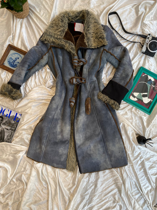 Long blue Afghan coat with vegan fur