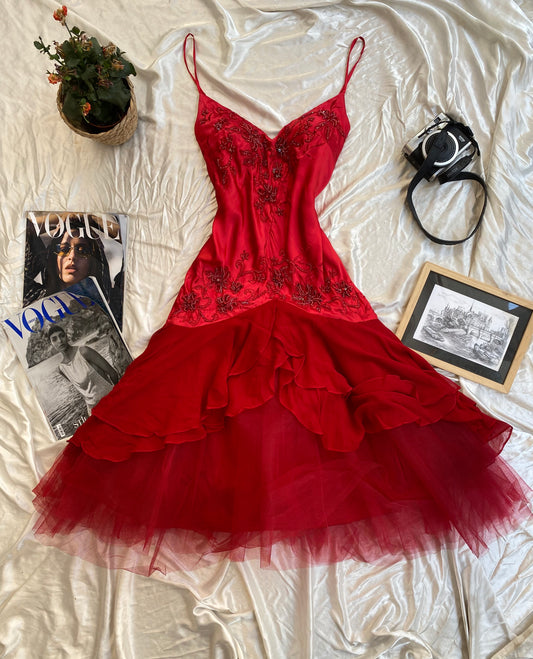 Red satin hand embroidered gown ❤️