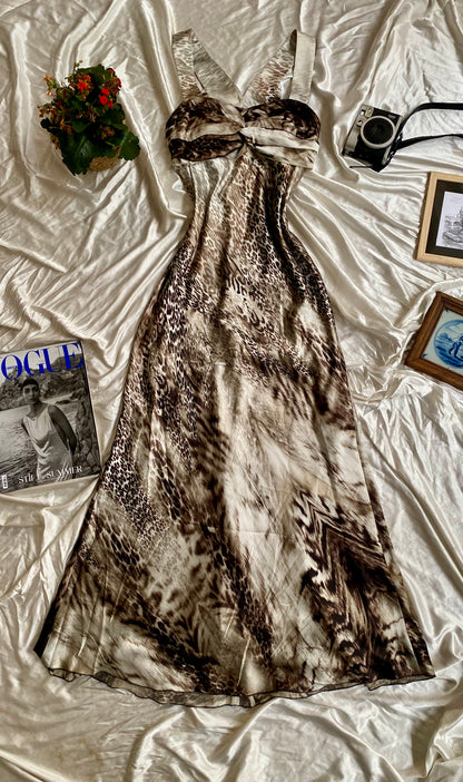 Leopard brand new floor length gown with open back