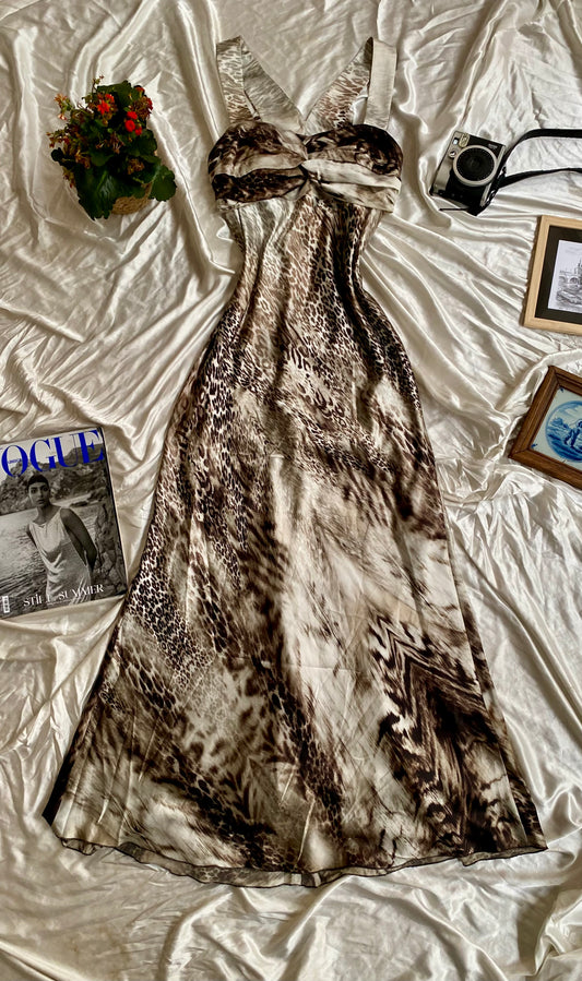 Leopard brand new floor length gown with open back