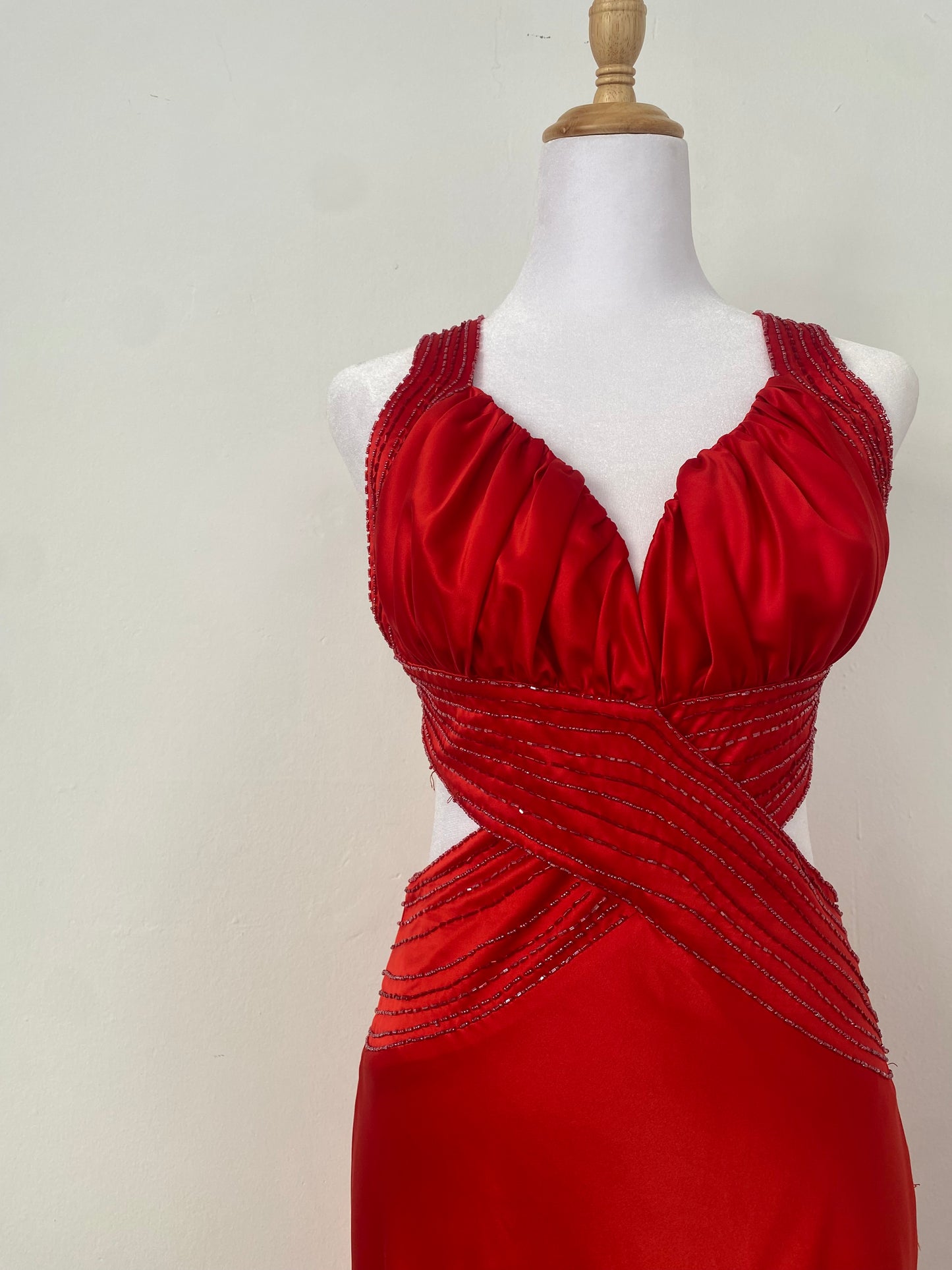 Brand new red satin gown with open back and sequin details